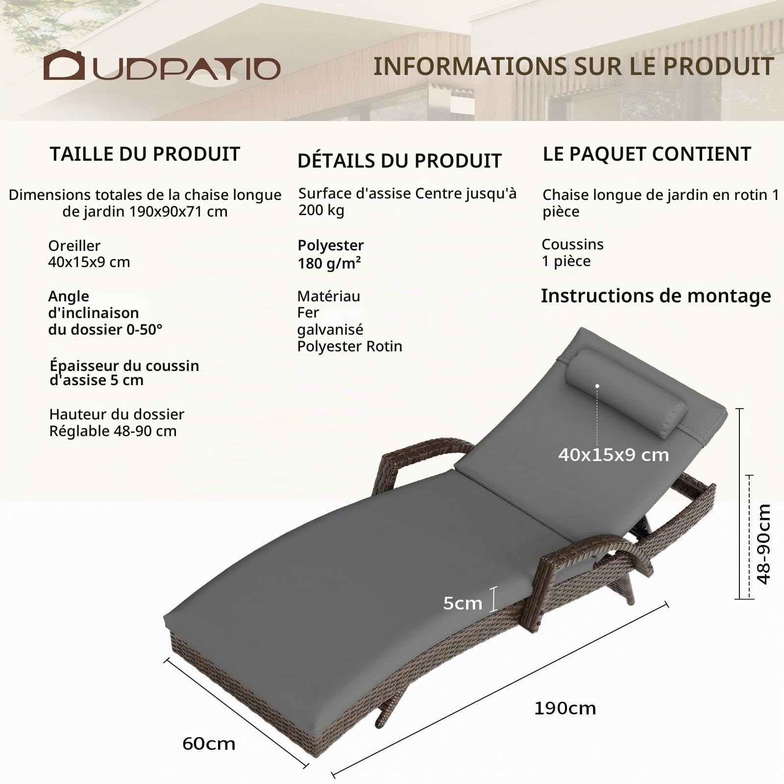 UDPATIO Transat Jardin Exterieur - Chaise Longue Bain de Soleil en Résine Tressée, Dossier Réglable 5 Positions, Fauteuil de Jardin avec Coussin et Appuie-tête, pour Jardin, Terrasse et Balcon, Marron
