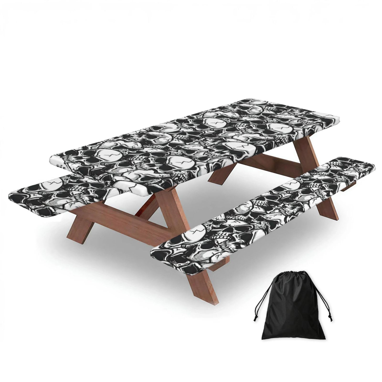 Zyjhyy Black Skulls Pattern Print Party Table Covers With Bench Covers Set Of 3 Picnic Table Cloth Wipe Clean For Garden Camping