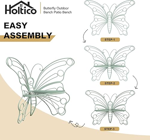 Miniatura 5 de Banco para exteriores de 50 pulgadas, marco de metal de hierro fundido para patio, banco de jardín al aire libre con patrón inspirado en mariposas,