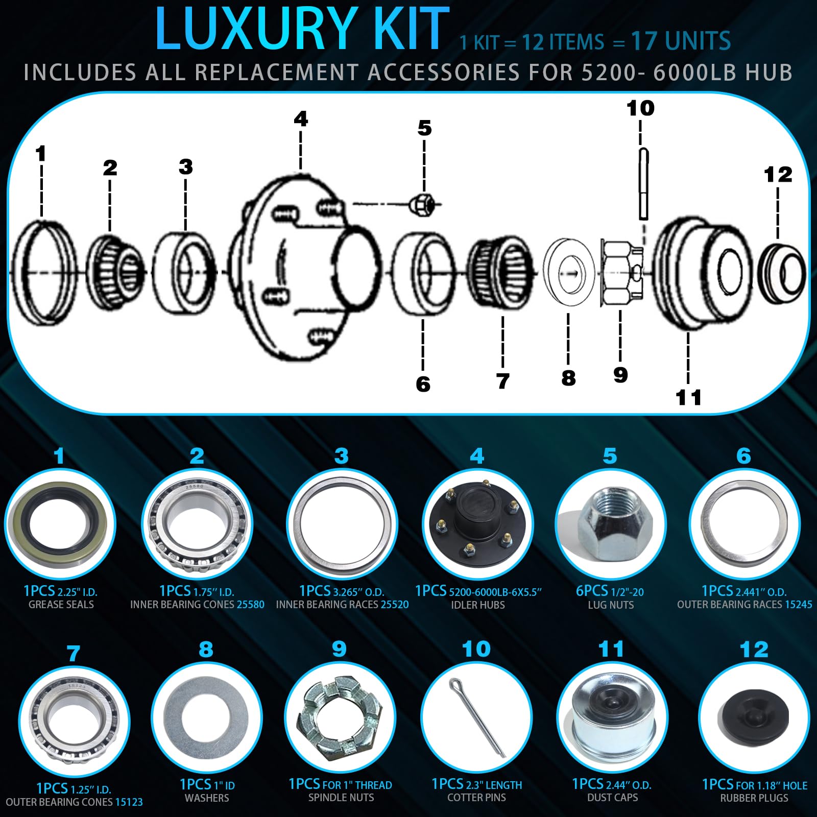 Trailer Hub Kit 6-Lug 5.5 - Pre-Lubricated Axle Kit For 5200-6000 Lb Trailers