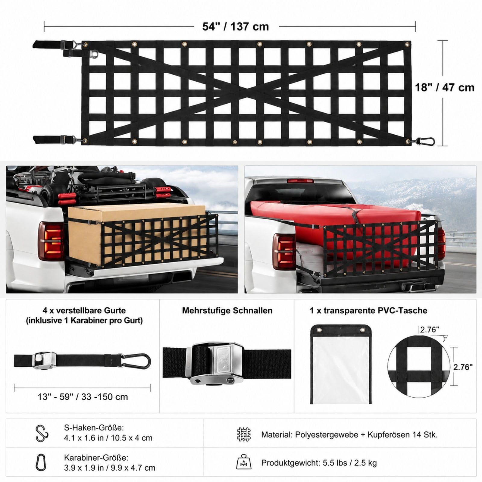 Heckklappennetz für Pick-up mit verstellbarem Kreuzdesign für Ladefläche und Gepäckbereich