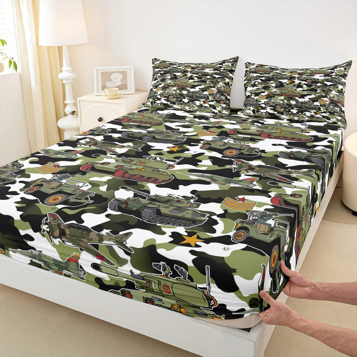 Parure de lit 3 pièces motif militaire camouflage vert pour lit double adulte et ado Manfei