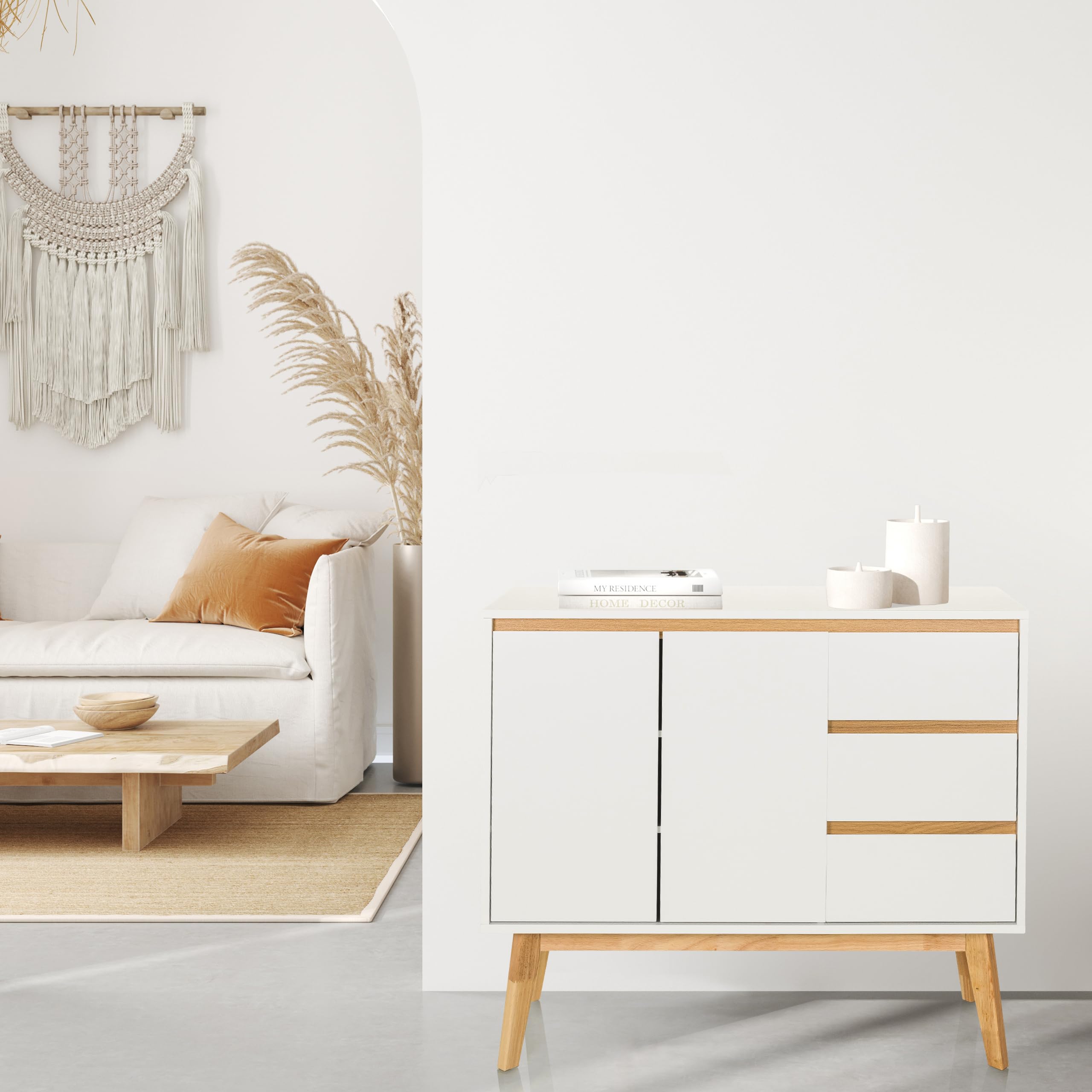 Cassettiera con 3 cassetti, 2 ante TAROLO I Credenza in stile scandinavo, chiusura ammortizzata, design senza maniglie, mobile con gambe in legno, bianco