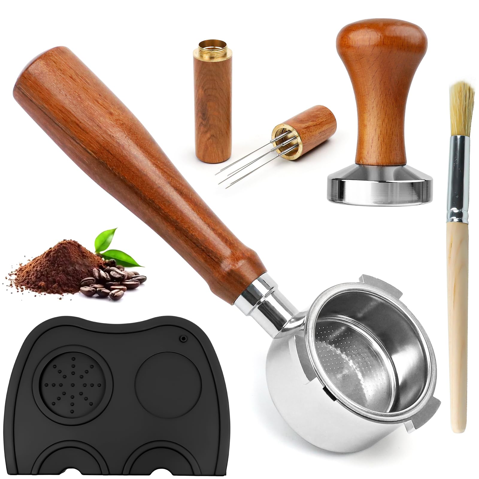 Prensadores de Café, 51mm Filtro Portafiltro Café sin Fondo, Agitador de Café expreso, 5 agujas, Tamper Prensadores de Café con Alfombrilla Cafe, Madera Café Tamper Espresso Kit Set
