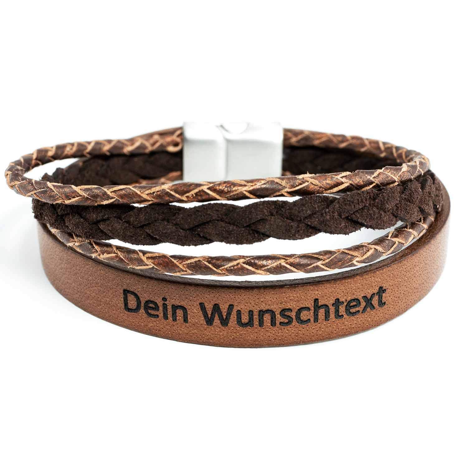 Armband mit Namen, Lederarmband Herren mit Gravur, Personalisiertes Geschenk Männer und Frauen, Echtleder Cappuccino, Magnetverschluss Edelstahl, Freundschaftsarmband, Partnerarmband