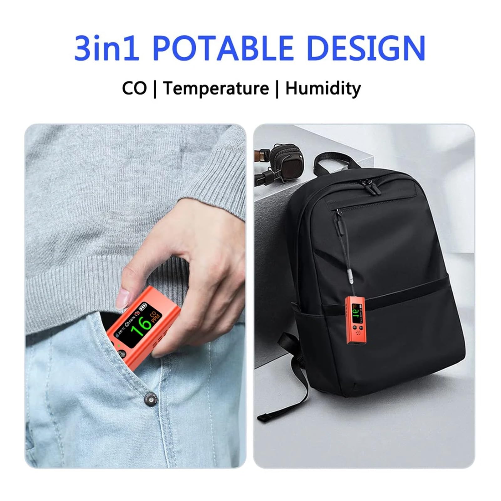 Rilevatore di monossido di carbonio portatile 3 in 1, rilevatore di CO da viaggio ricaricabile professionale e preciso con allarme forte, ricarica USB(Silver)