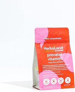 Herbaland Vegan Prenatal Gummies - Contains 17 Vitamins & Minerals for Supporting Pregnancy, Vitamin A, C, B6, D3, K2, Biotin, Folate, Calcium, Sugar-Free and Gluten-free - Mango Peach Flavor, 60 Count, New Compostable Pouch