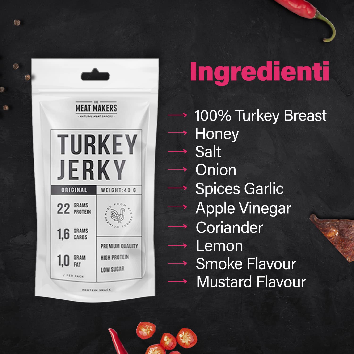 THE MEAT MAKERS 100% Turkey Jerky 7x40g Sostituto del frullato proteico ideale per l'ufficio, vita attiva, post allenamento. Carne Essiccata Snack Proteici, Jerky Chips, Carne Secca