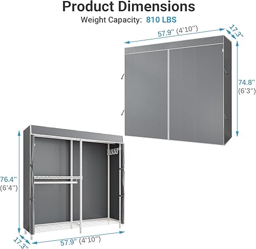 Miniatura 7 de VIPEK V4C - Perchero de ropa ajustable de servicio pesado, perchero de armario de metal blanco con cubierta gris, 57.9 pulgadas de largo x 17.3