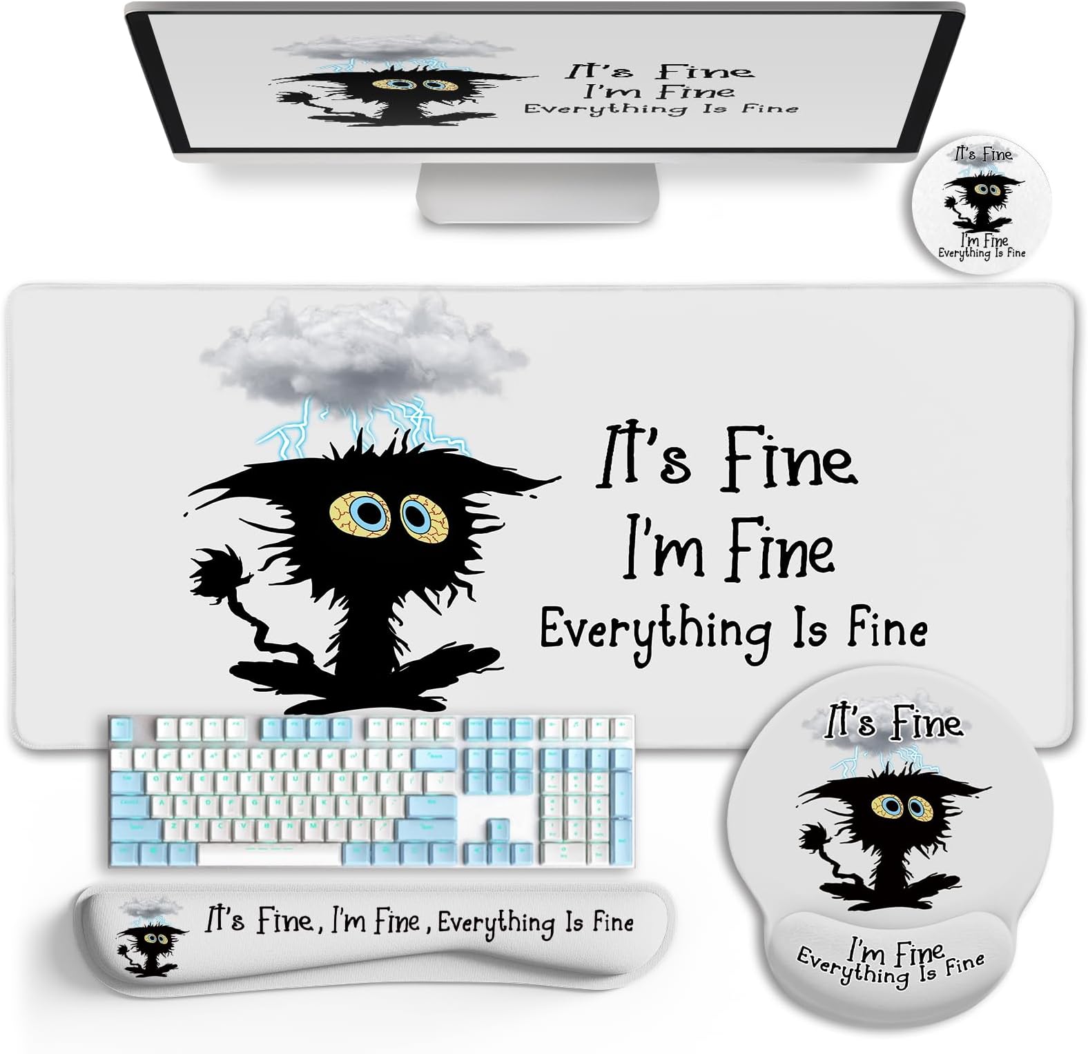 Desk Mat Set, Large Gaming Mouse Pad with Wrist Rest, Ergonomic Mouse Pad Keyboard Mat Wrist Support, Cup Coaster, Home Office Desk Accessories Decor Supplies, Funny Black Cat