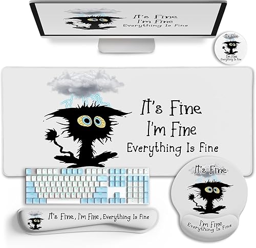 Alfombrilla de escritorio con diseño de gato negro divertido, incluye alfombrilla para mouse grande para juegos con reposamuñecas, alfombrilla