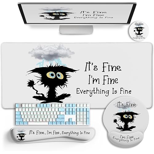 Desk Mat Set, Large Gaming Mouse Pad with Wrist Rest, Ergonomic Mouse Pad Keyboard Mat Wrist Support, Cup Coaster, Home Office Desk Accessories Decor Supplies, Funny Black Cat
