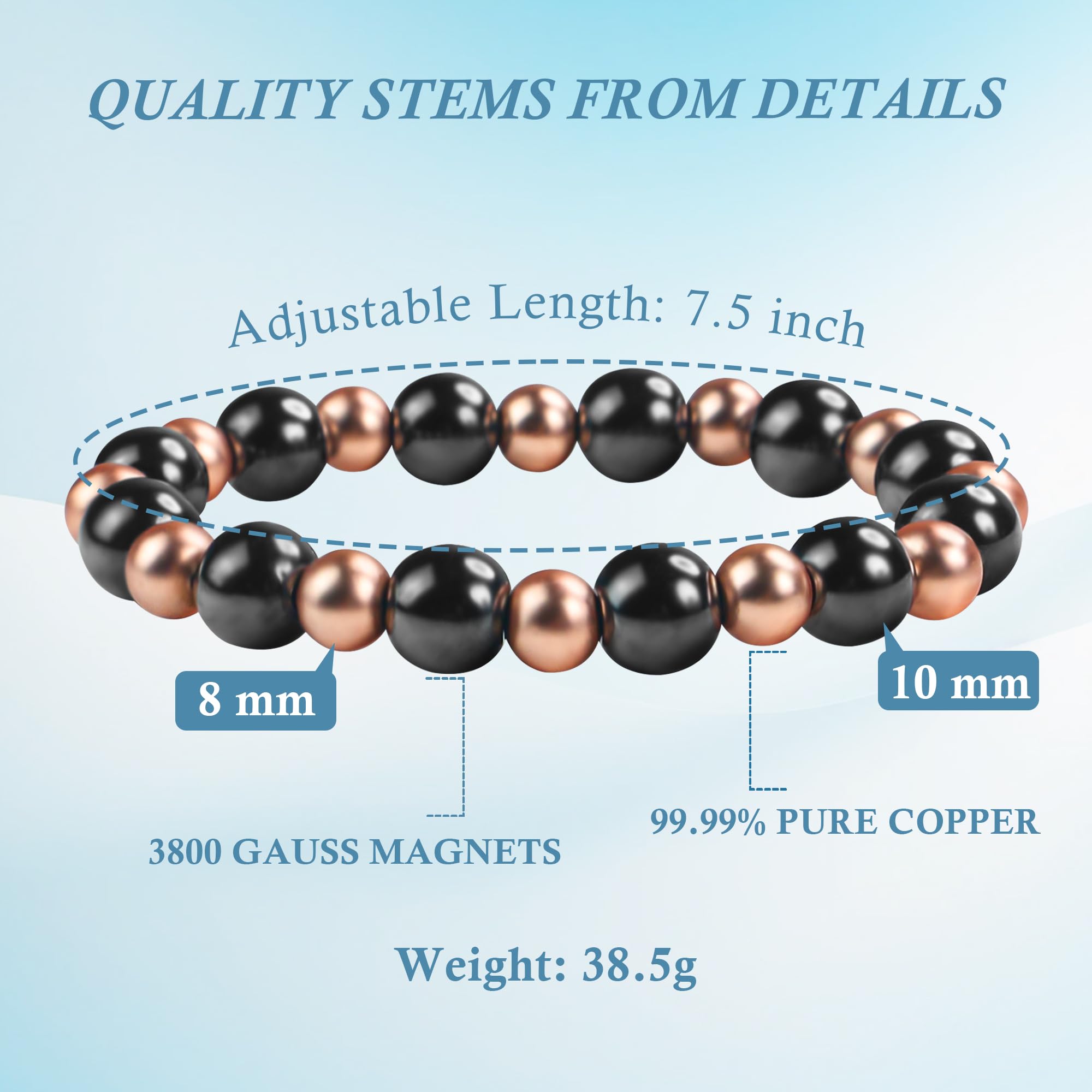 PEALICIOUS Pulseras de cobre para hombre 99.9% cobre puro con 3800 Gauss, pulseras elásticas para hombre pulseras de cuentas como regalos de cobre para él pulseras para hombres