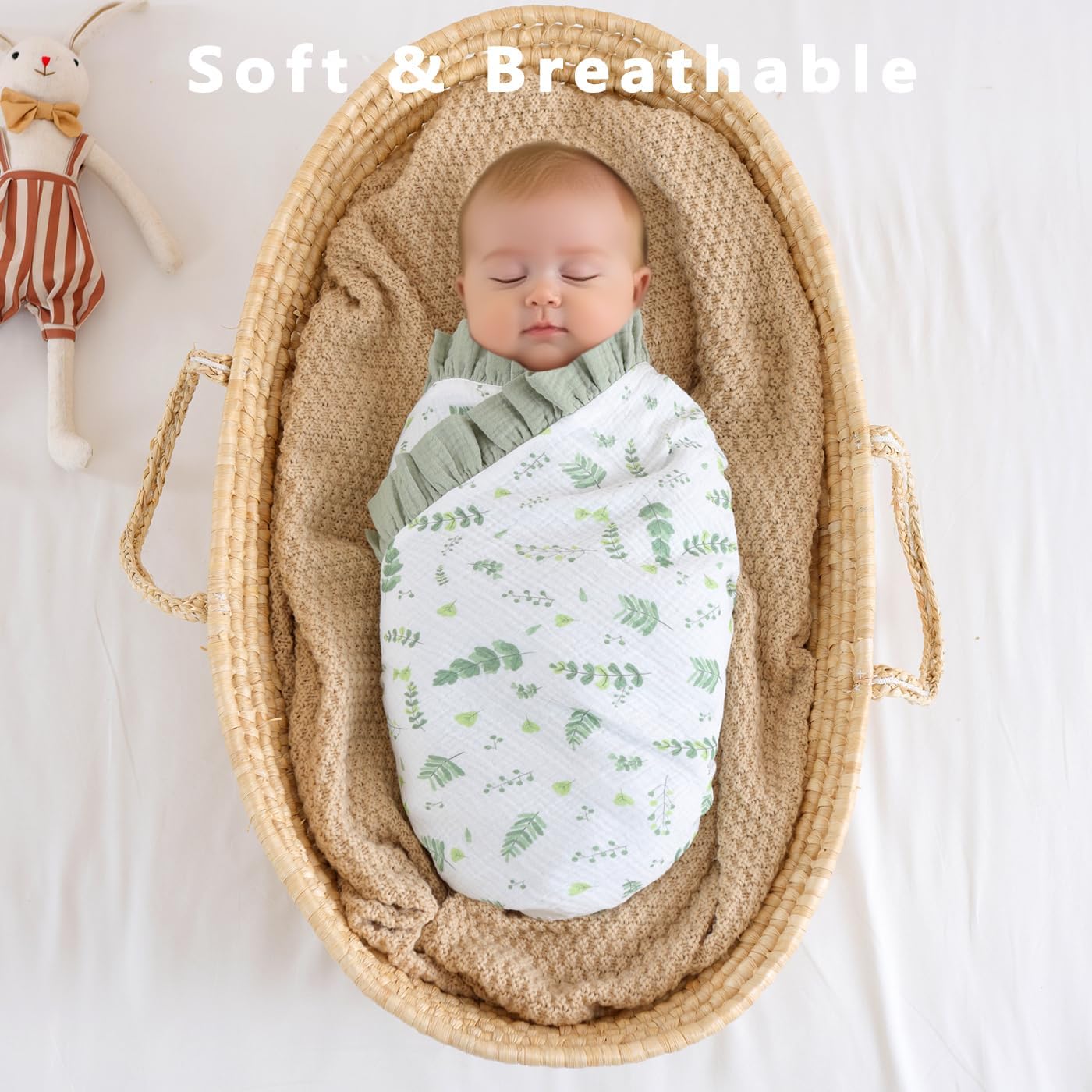Flounce Muslin Baby Blanket - Cotton Quilt Blankets for Toddlers - Reversible Nursery Crib Blanket for Baby Boys and Girls 36"x40" (Green)