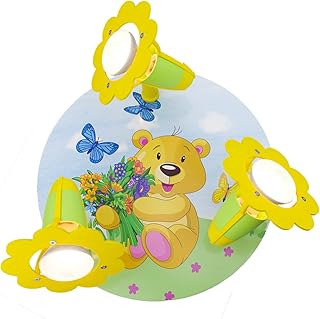 Elobra 131251 Plafoniera da bambini, a forma di rondella, con orsetto, in legno, colore verde/giallo, per cameretta dei bambini, plastica