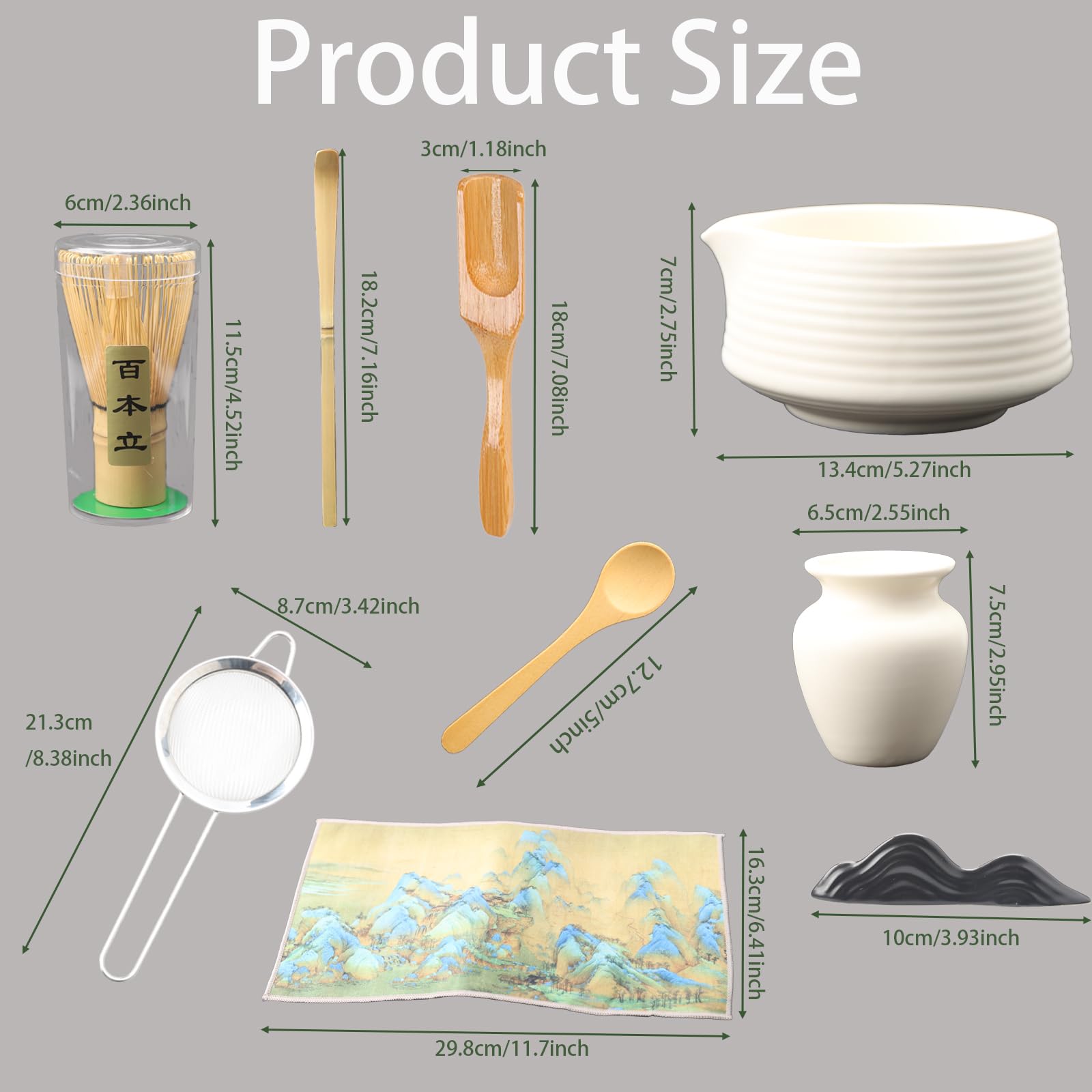Set Matcha 9 Pezzi Bianco Opaco – Kit Cerimonia del Tè Giapponese con Ciotola con Beccuccio Frusta in Bamboo 2 Cucchiai Chashaku Pesce Supporti Chakin e Filtro