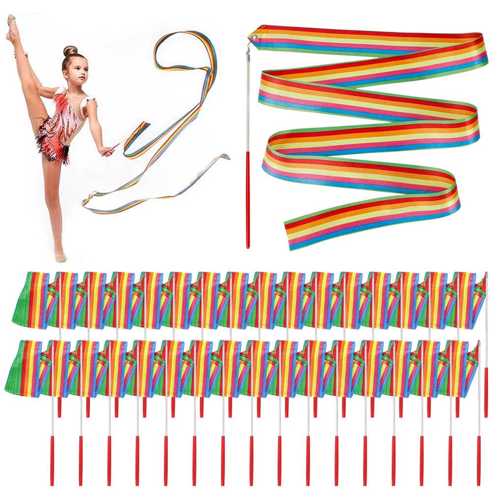 Jonuin 32 Pack Dance Ribbons, 2 M/6.6 Ft Rainbow Gymnastics Ribbon for Kids, Ribbon Wand Party Favors, Dance Ribbons for Carnival Rhythmic Gymnastics Birthday Party Decoration Goodie Bag Stuffers