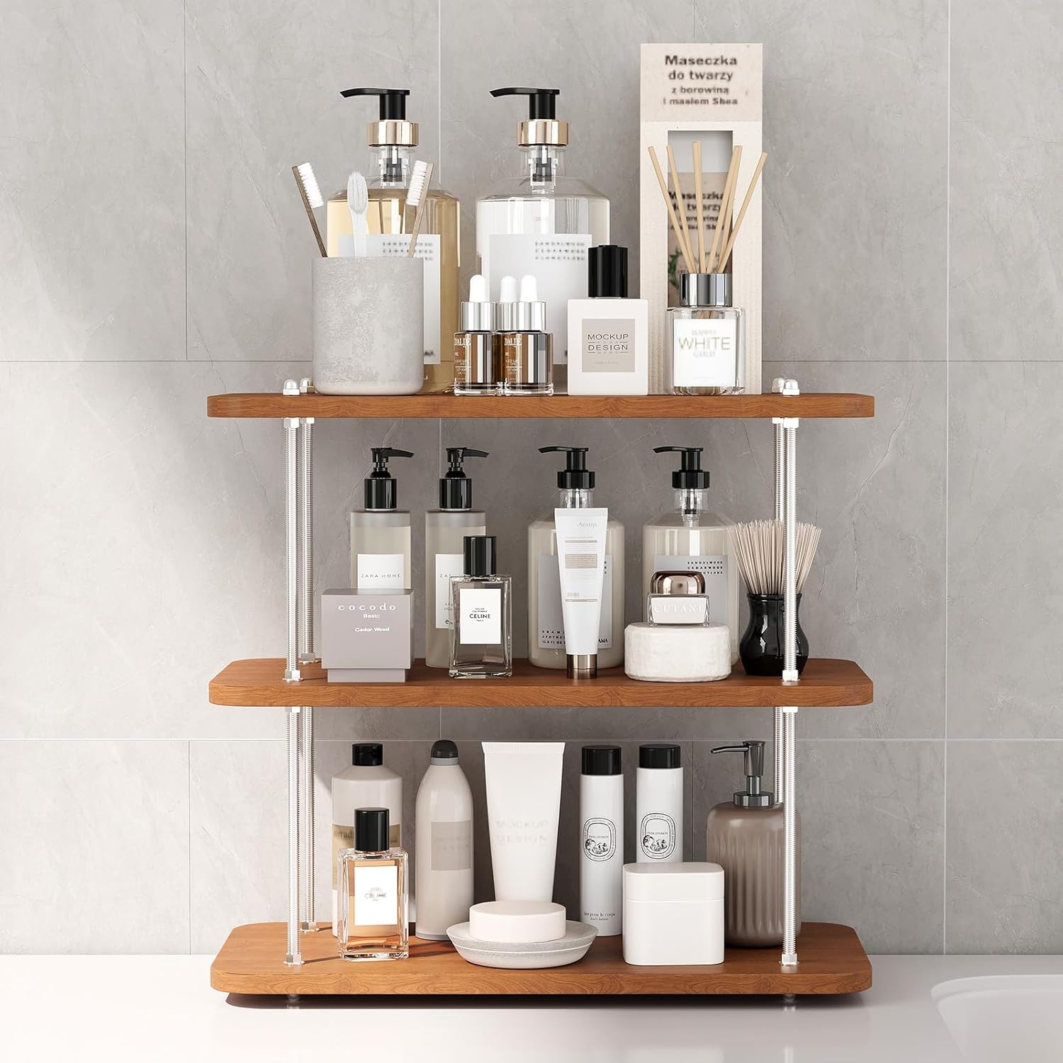 Organizador de Baño 3 Niveles Acero Inoxidable y Madera