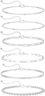 DEARMAY 6-Piece Dainty Silver Plated Bracelets for Women - Paperclip, Box, Figaro, Rope Chain Stackable Set, Trendy Gifts