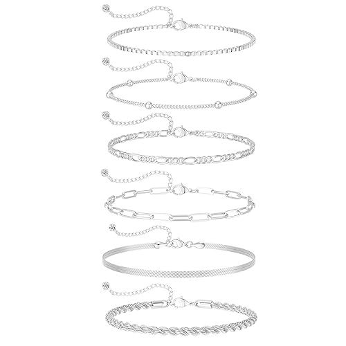 DEARMAY Dainty Silver Plated Bracelets for Women Trendy, Silver Jewelry Set for Women Bracelets for Women Paperclip Box Herringbone Figaro Rope Chain Bracelet Fashion Pack Gifts for Women