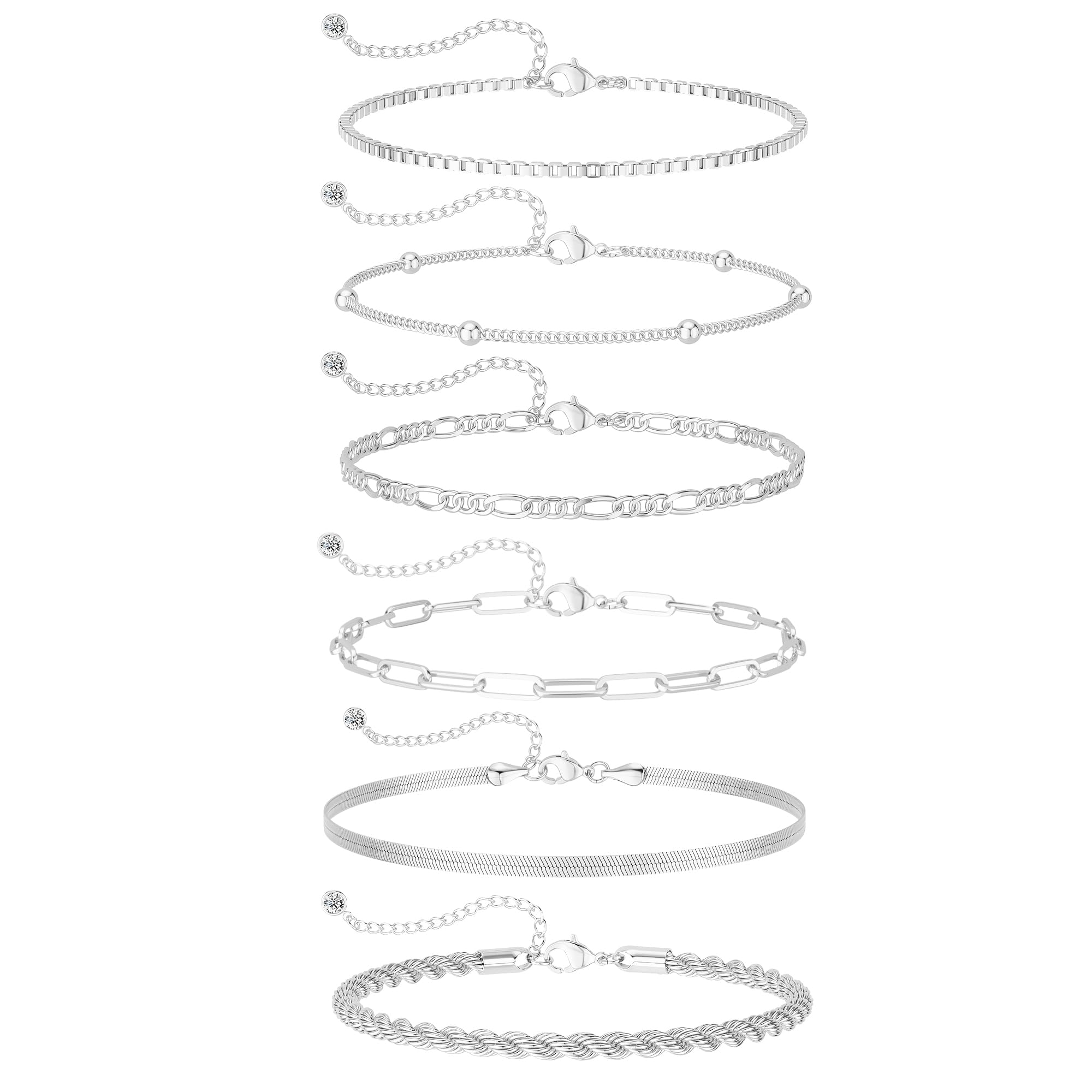 Dainty Silver Plated Bracelets for Women Trendy, Silver Jewelry Set for Women Bracelets for Women Paperclip Box Herringbone Figaro Rope Chain Bracelet Fashion Pack Gifts for Women
