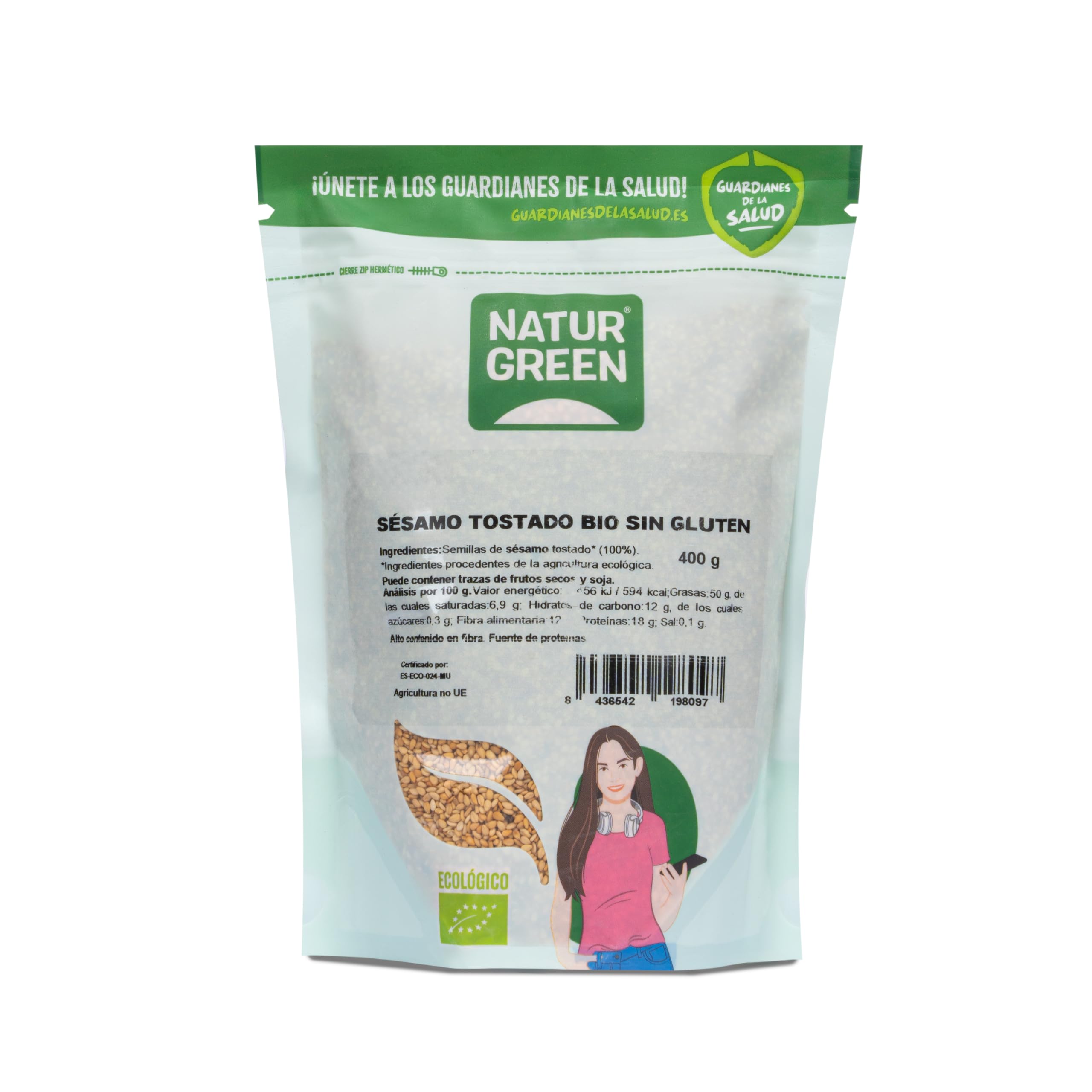NaturGreen - Sésamo Tostado Bio 400 g, 100% Fruto Seco Tostado Eco, Fuente de Calcio, Proteína y Fibra, Sin Gluten, Sin Azúcares, Vegano, Ensaladas, Panes, Salsas y Galletas