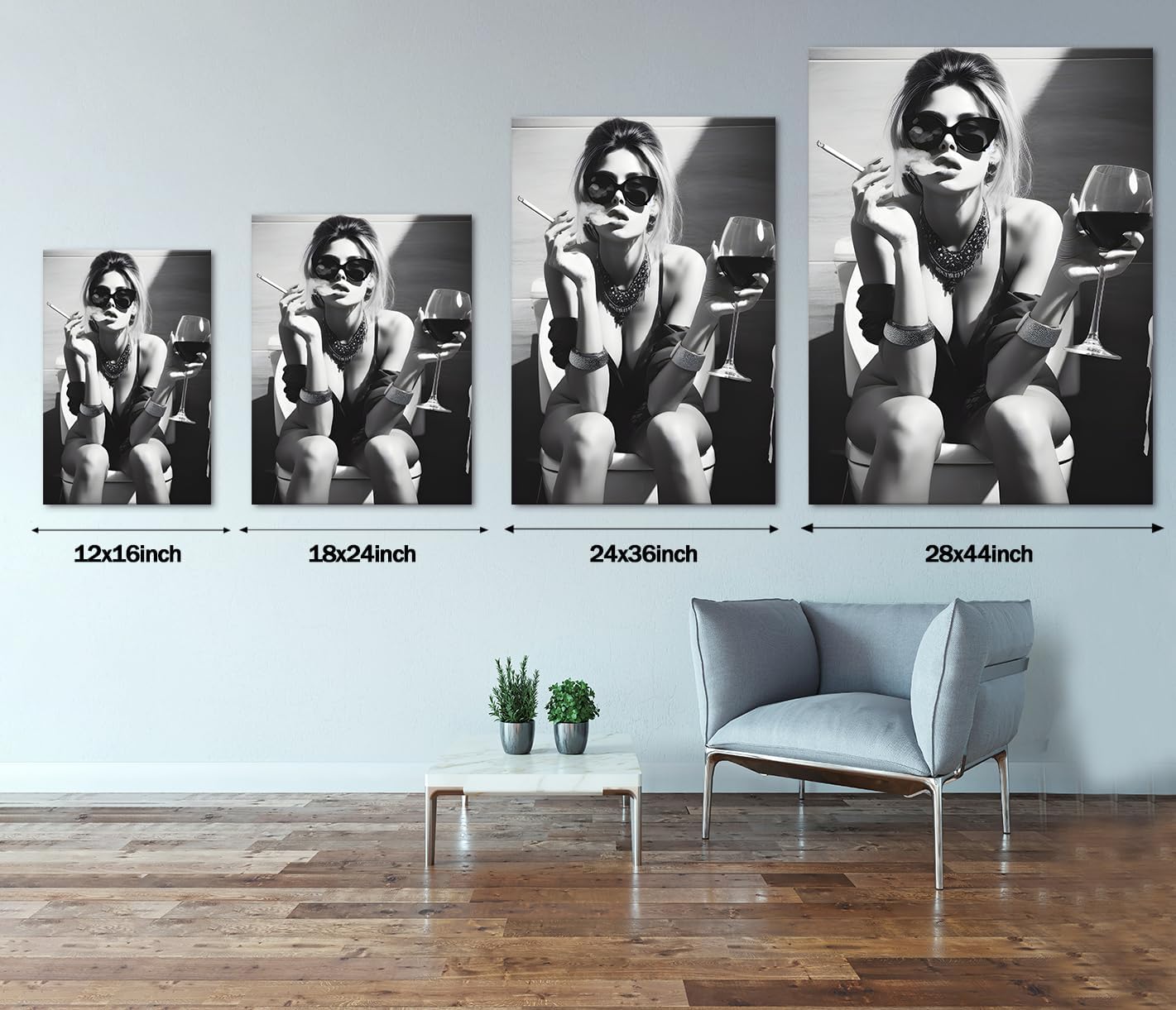 Girl Smoking Painting on Canvas Wall Art Black and White Sexy Nude Posters and Prints for Home Decor Living Room Toilet Bathroom Bar, Framed 44L x 28W