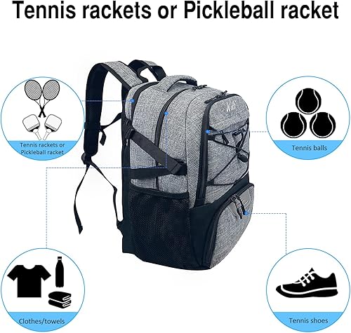 Vista 6 de WOLT Bolsa de tenis - Mochila grande para raqueta de tenis para hombres y mujeres - Compartimento ventilado para zapatos - Capacidad para 2 raquetas
