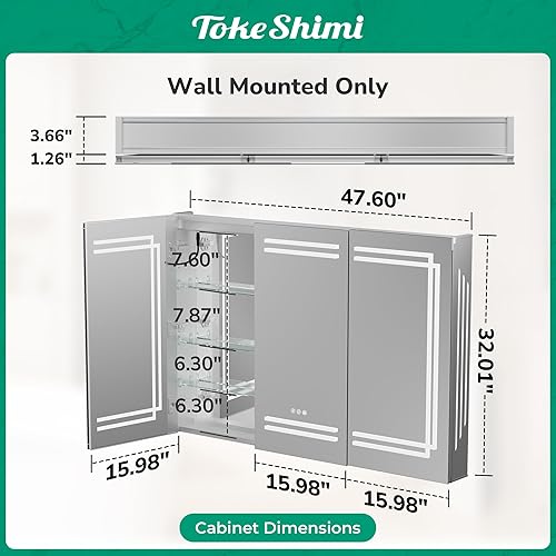 Miniatura 2 de TokeShimi Botiquín de baño iluminado de 48 x 32 pulgadas con espejo, espejo LED con almacenamiento, espejo de baño con 3 colores, atenuación