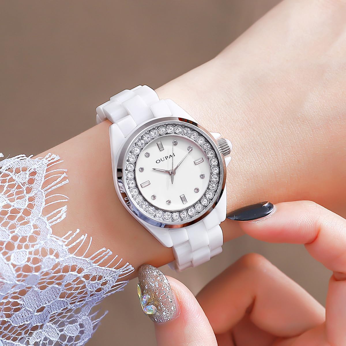 White Ceramic Watches for Women, Fashion Ladies Watch Elegant Dress Women's Wristwatches with Diamond Waterproof Quartz - Image 4