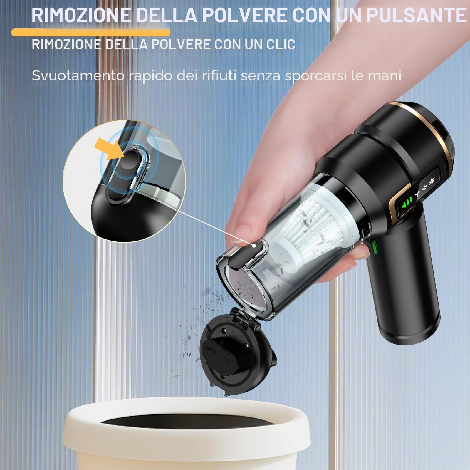 Aspirapolvere a mano 4 in 1 con display LCD, aspirapolvere per auto forte 25000PA senza fili, 3 livelli 220000 giri/min, mini aspirapolvere con schermo per auto, cucina, PC, divano, ufficio, casa e