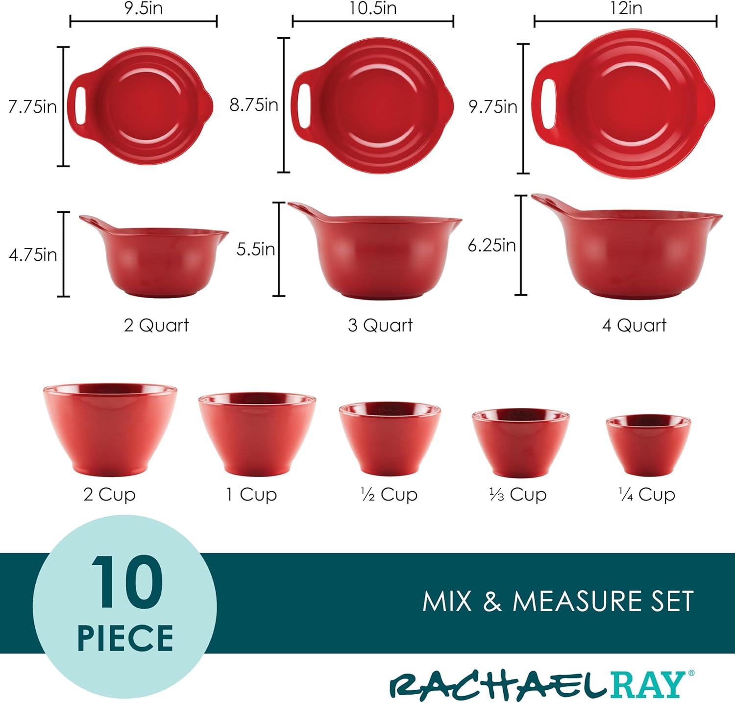Rachael Ray Pantryware Nesting Mixing Bowls with Built-in spouts and Handles and Measuring Cups For Space-saving storage, Utensil Set, Dishwasher Safe, 10 Piece, Red