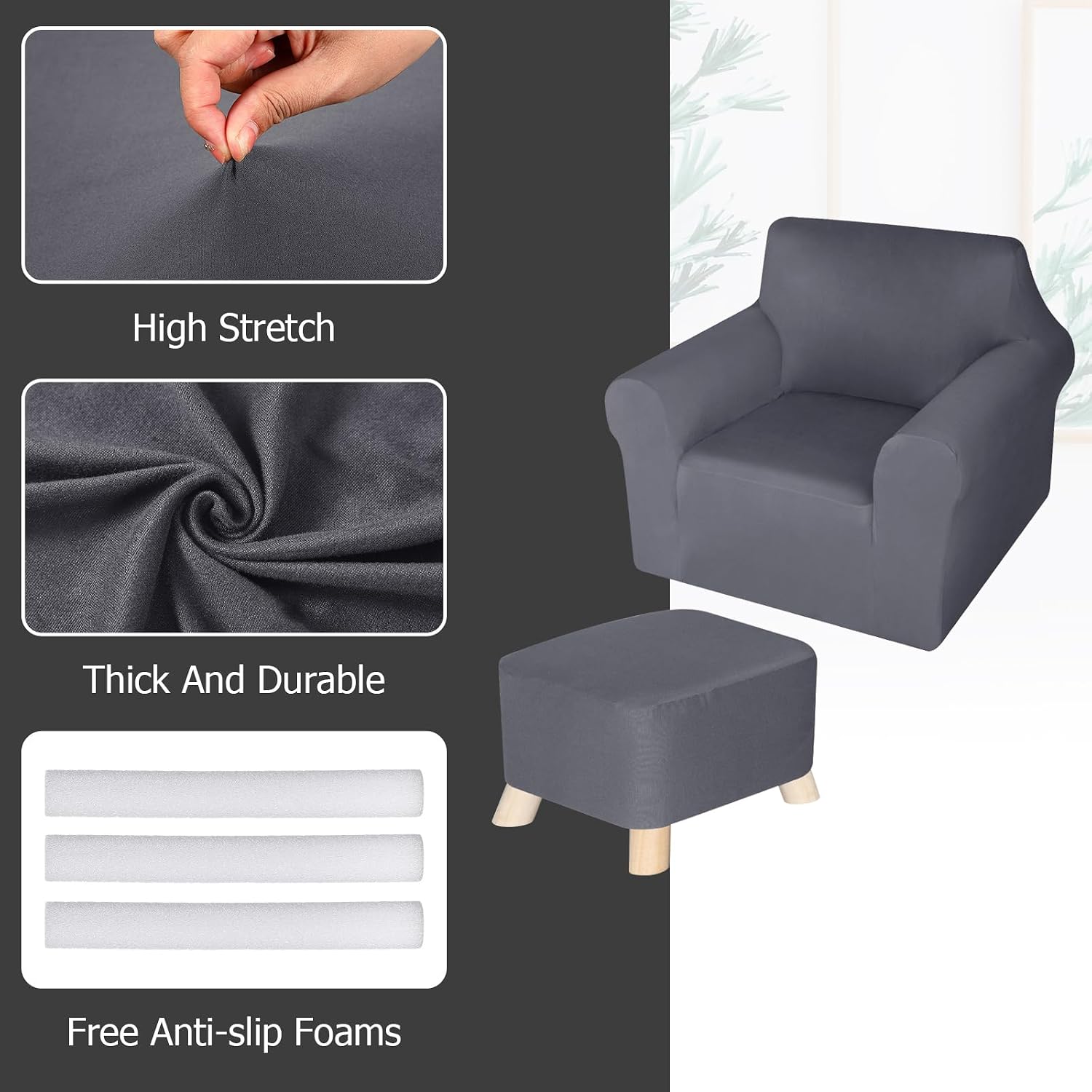 HunnmingRe Chair and Ottoman Covers Slipcover Set Armchair Cover T Cushion Chair Slipcover Milk Silk Sofa Furniture Protector Couch Soft for Armchair Ottoman(Dark Gray)