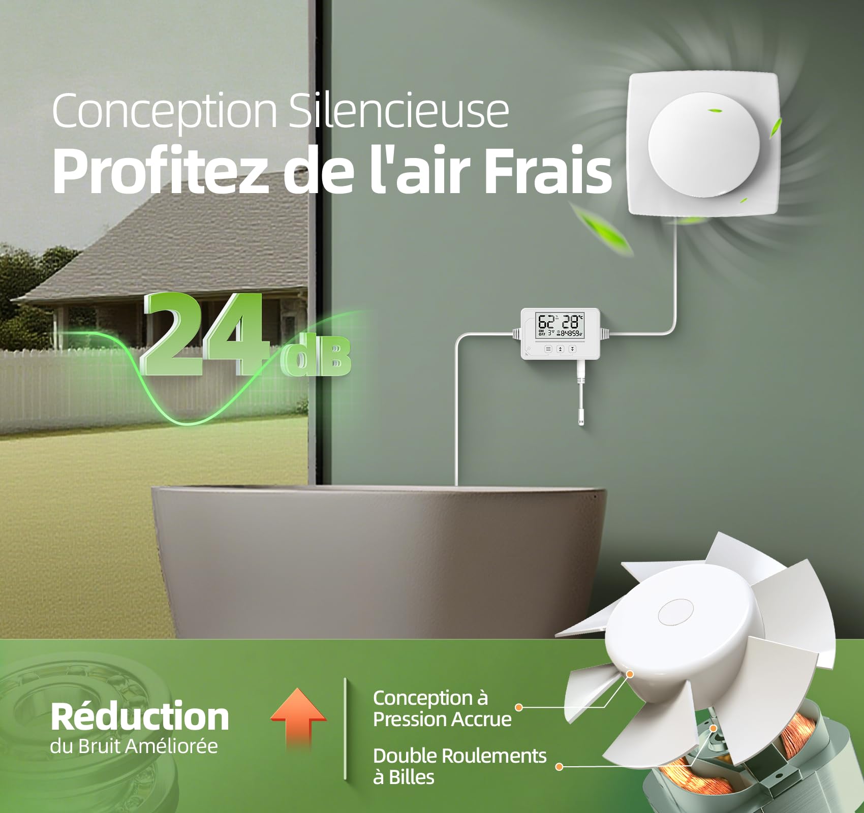 Ventilateur Extracteur d’air 100mm 5 Modes, 3 Vitesses, Télécommande, Affichage Température Humidité en Temps Réel, VMC Salle de Bain Hygroréglable, Silencieux et Puissant Aérateur dAir QU119