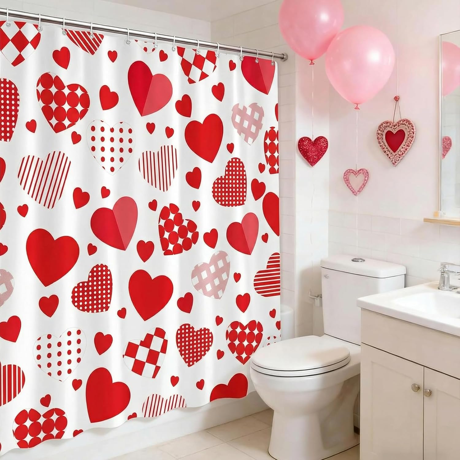 Valentines Day Shower Curtain Pink Red Sweet Love Heart Romantic Girly Bathroom Curtain Waterproof Polyester Fabric Bath Curtain 72 x 72 Inch with 12 Hooks