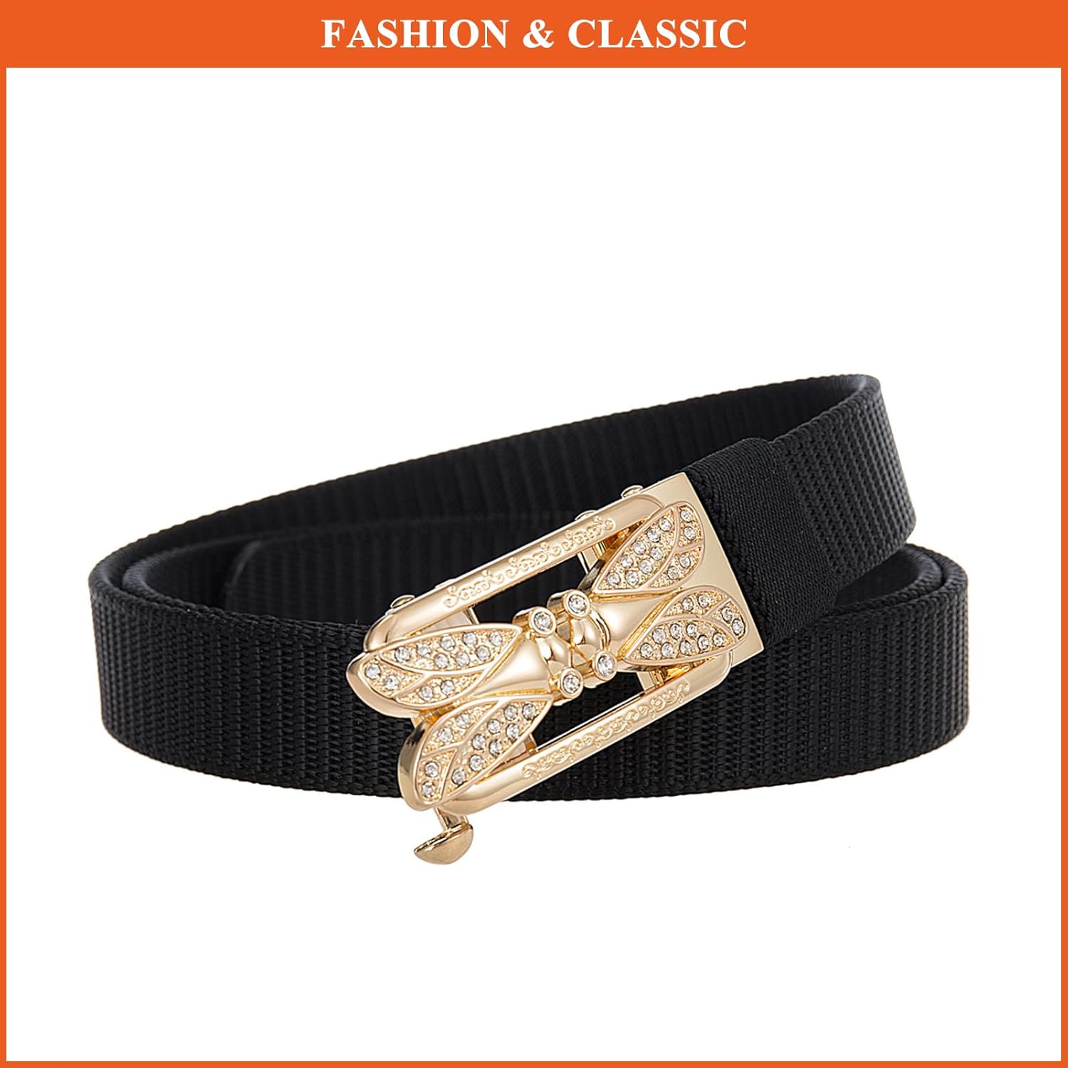 Women's Rhinestone Automatic Buckle Waist Strap Weave Solid Color Nylon Belt No Holes Belts for Jeans Pants