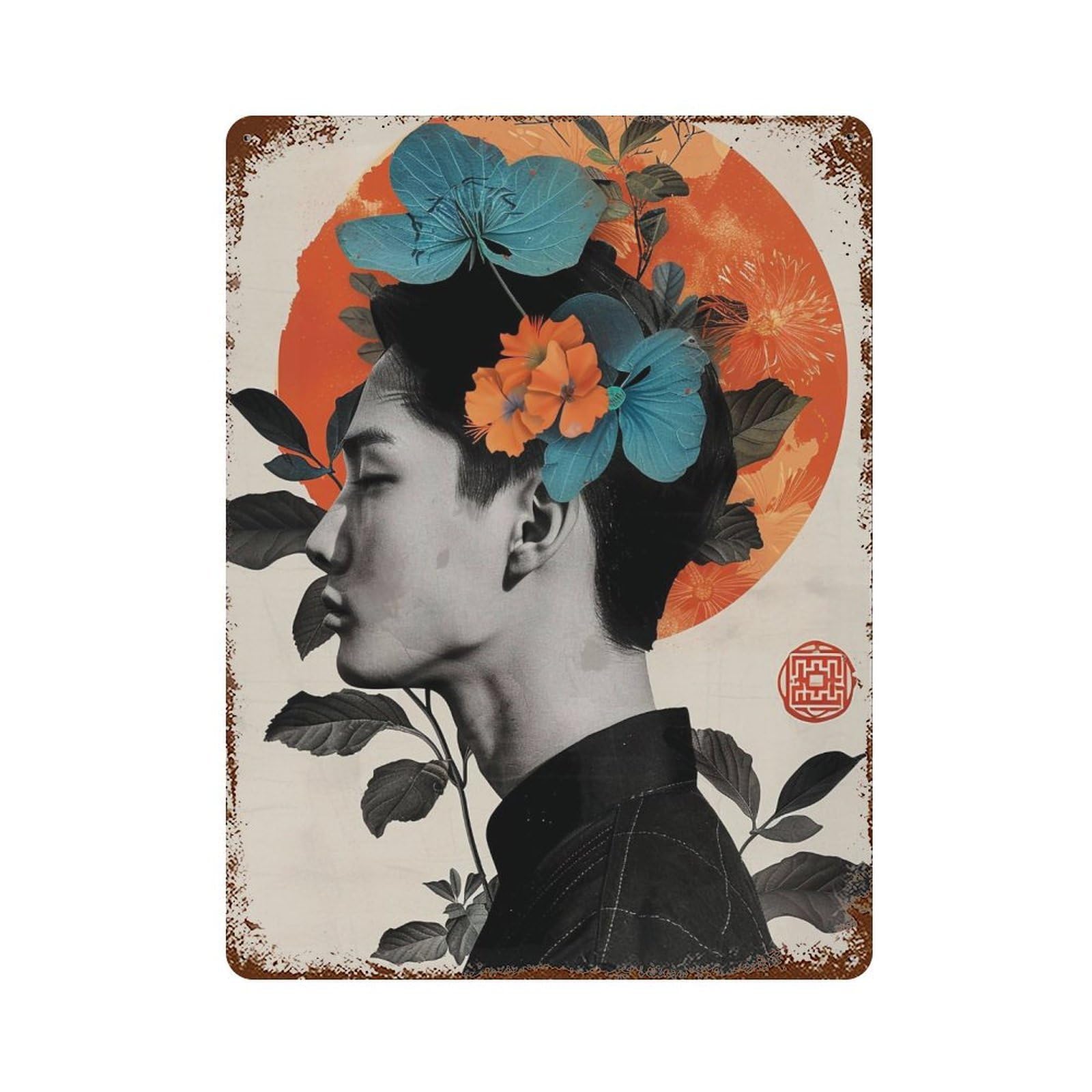 YHGERTKU Floral Surreal Portrait of A Young Man 02 Wall Art Retro Iron Vintage Metal Tin Sign Poster Modern Decor for Living Rooms Gift 40x30cm