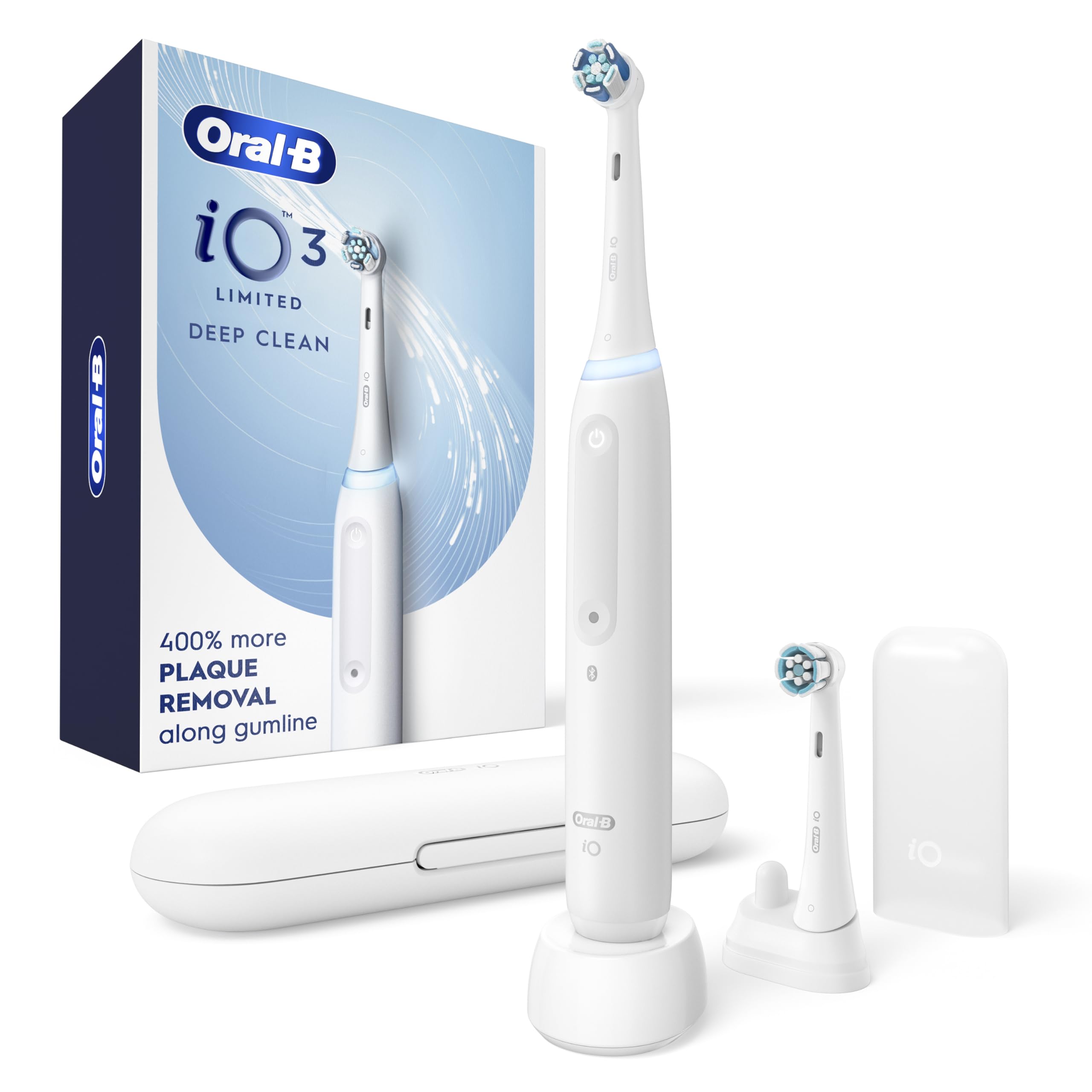 Oral-B iO Deep Clean Rechargeable Electric Toothbrush, White, iO Series 3 Limited, 2 Brush Heads, Travel Case, Pressure Sensor, 3 Cleaning Settings, 2-Minute Timer