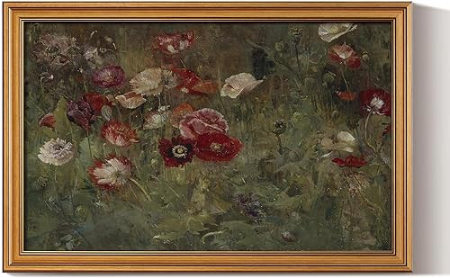 HUARCEY Lienzo enmarcado para pared, estante de baño, decoración estética vintage, pinturas florales de amapolas, decoración de pared de granja,
