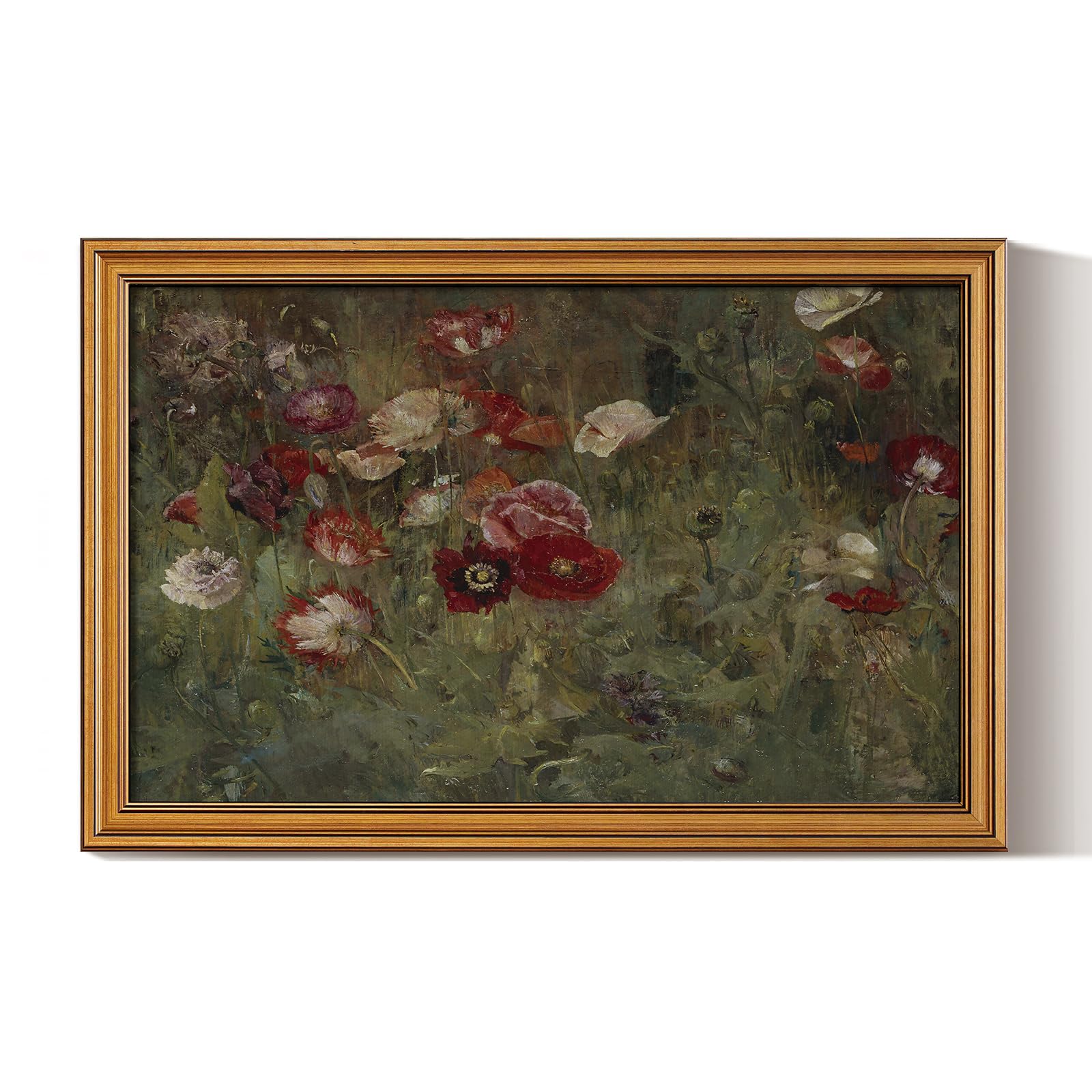 HUARCEY Framed Canvas Wall Art Prints, Bathroom Shelf Vintage Decor Aesthetic, Poppies Floral Paintings Farmhouse Wall Decor, Retro Table Desk Pictures for Bedroom Living Room, 16x24Inch