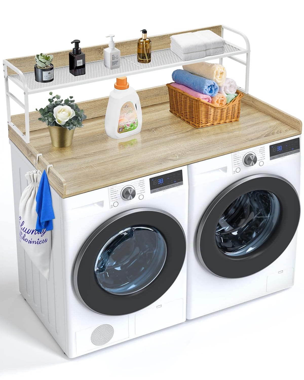 VEVOR Arbeitsplatte für Waschmaschine und Trockner mit 2-stufigem Regal (1370 x 700 x 419 mm) Trommelregal mit Anti-Rutsch-Pads, Wasserabweisende Wäscheauflage für Aufbewahrung Eichenfarbe