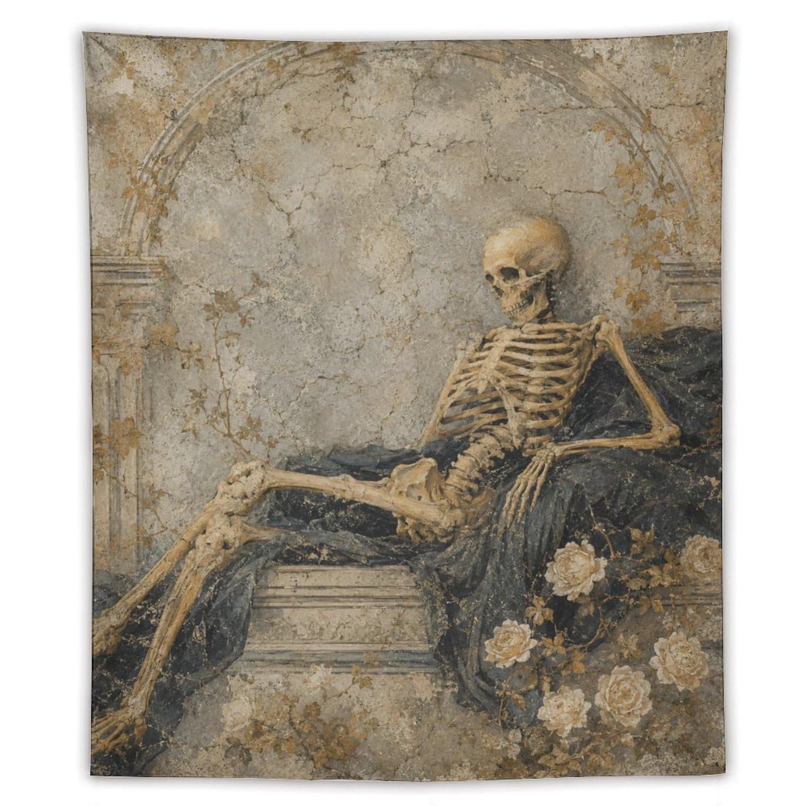 W7C8U2X3 Skeleton Reclining Wall Tapestry, Fantasy Illustration