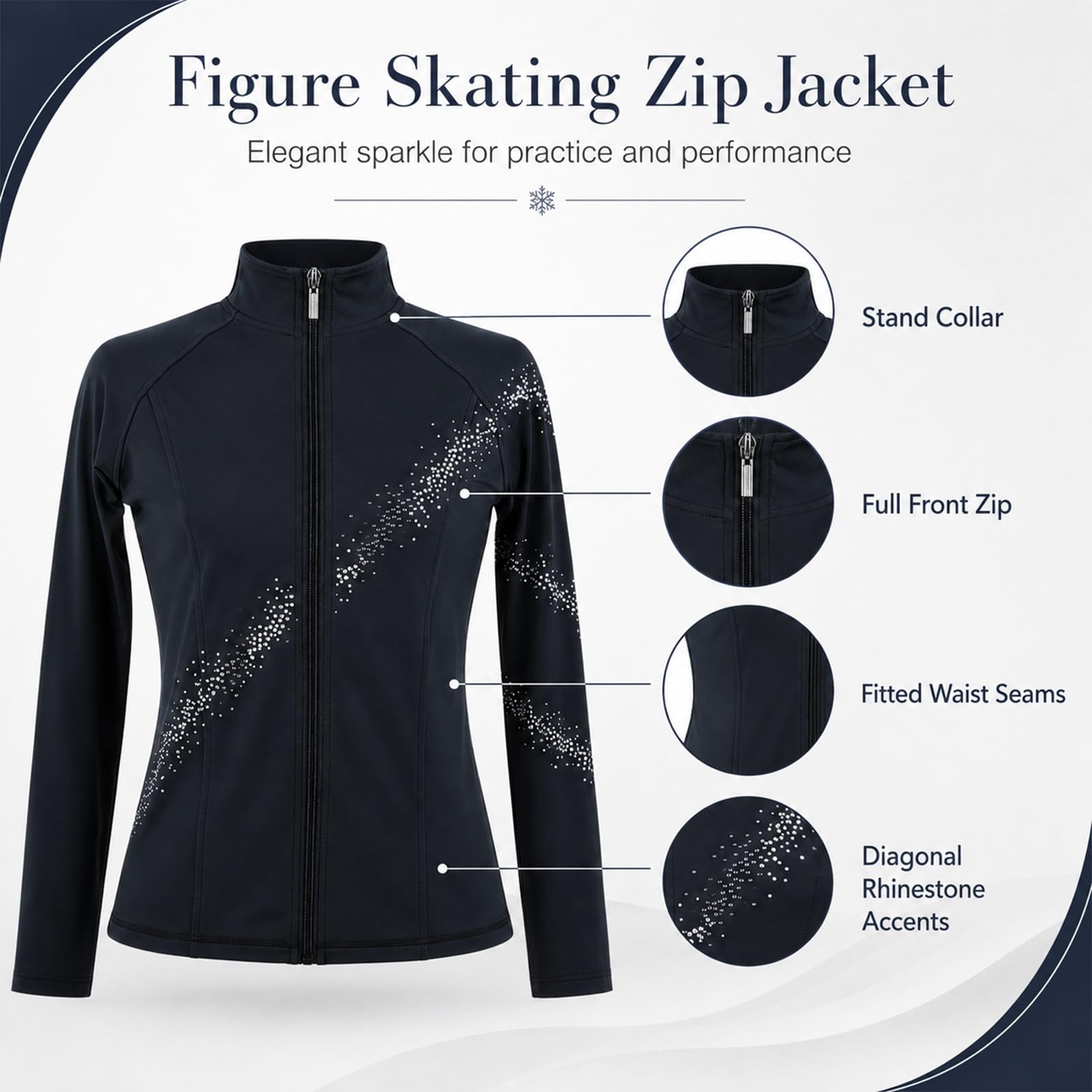 Giacca con zip for pattinaggio artistico con accenti di strass diagonali