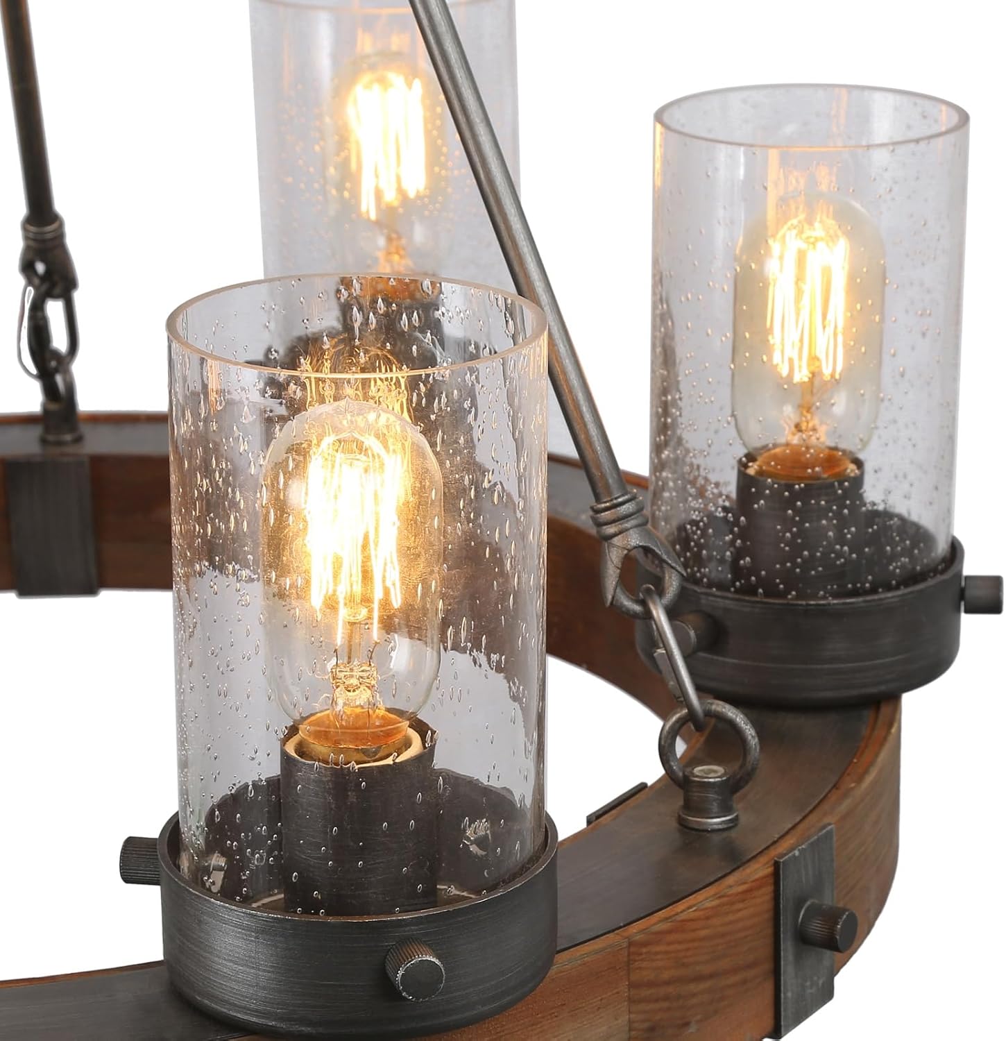 LNC Farmhouse Chandelier, Wood Round Wagon Wheel 6-Light Fixture with Seeded Glass Shades for Dining & Living Room, Bedroom, Kitchen and Foyer