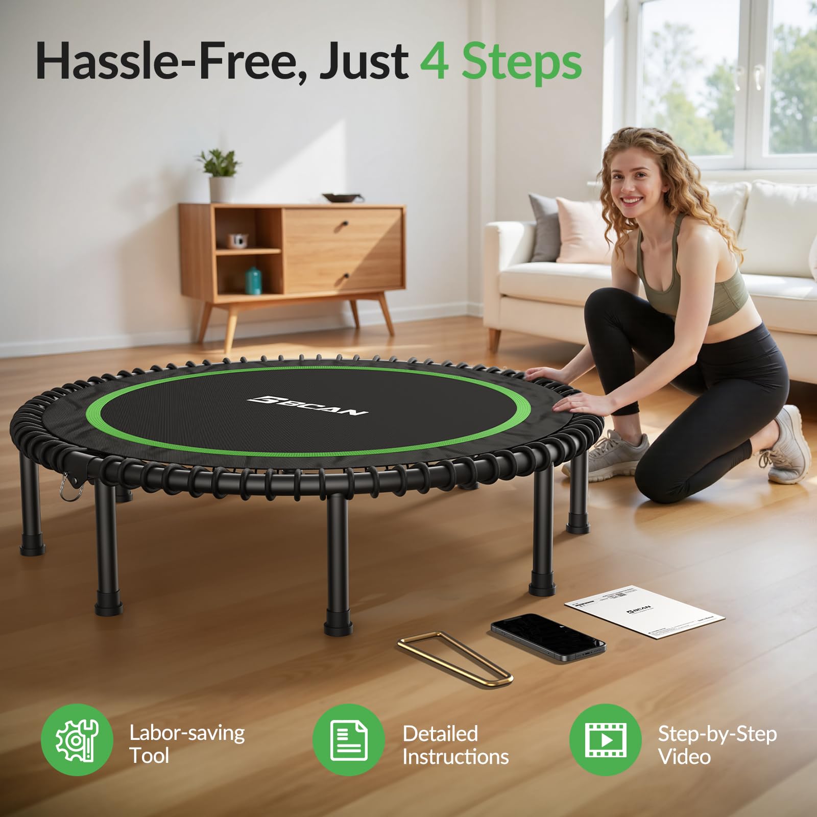 BCAN Fitness Indoor-Trampolin, Ø 102/122 cm Durchmesser, Bungee/Feder-Minitrampolin, geeignet für Erwachsene bis 204/250 kg, Bodentrampolin mit verstellbaren Griffen, leise und vibrationsarm