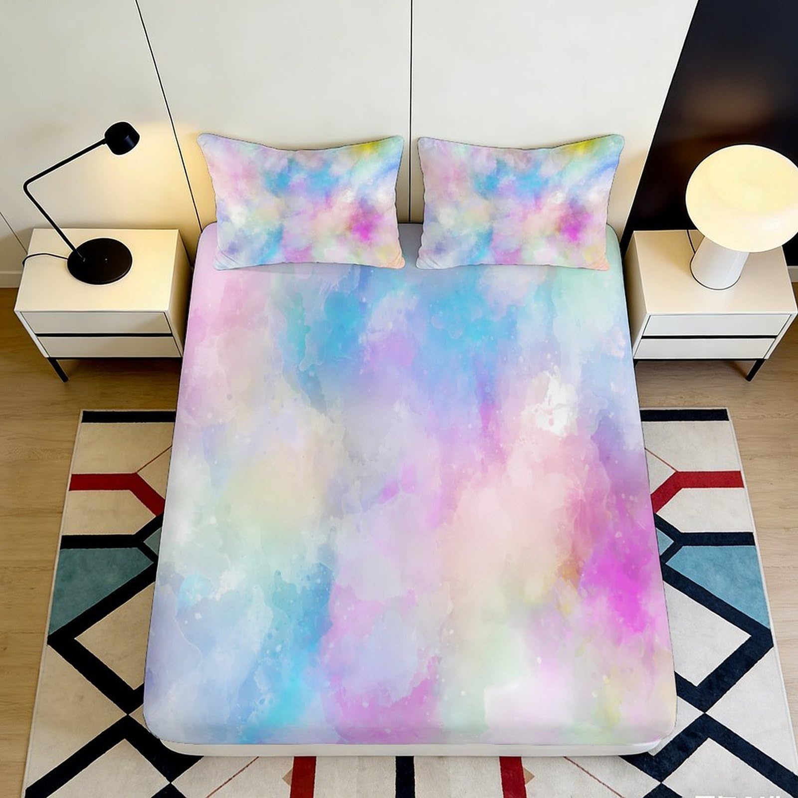 3D Printed Pastel Watercolor Fitted Sheet Microfiber Soft Lightweight Abstract Cloud Bed Cover for Bedroom Dormitory Guest Room Mattress Protection 180x200x25cm