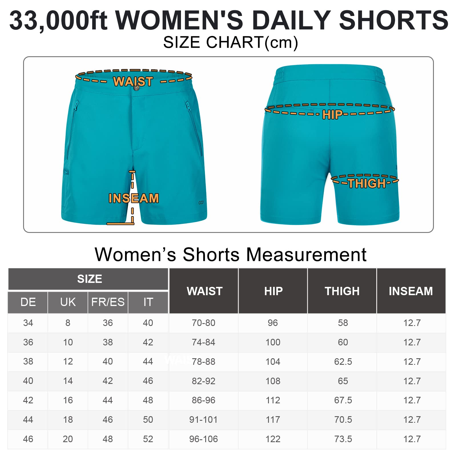33,000ft Short de Randonnée Femme, Pantalon de Protection Léger et Respirant à Séchage Rapide pour Femme UPF50+ pour la Marche, Les Voyages
