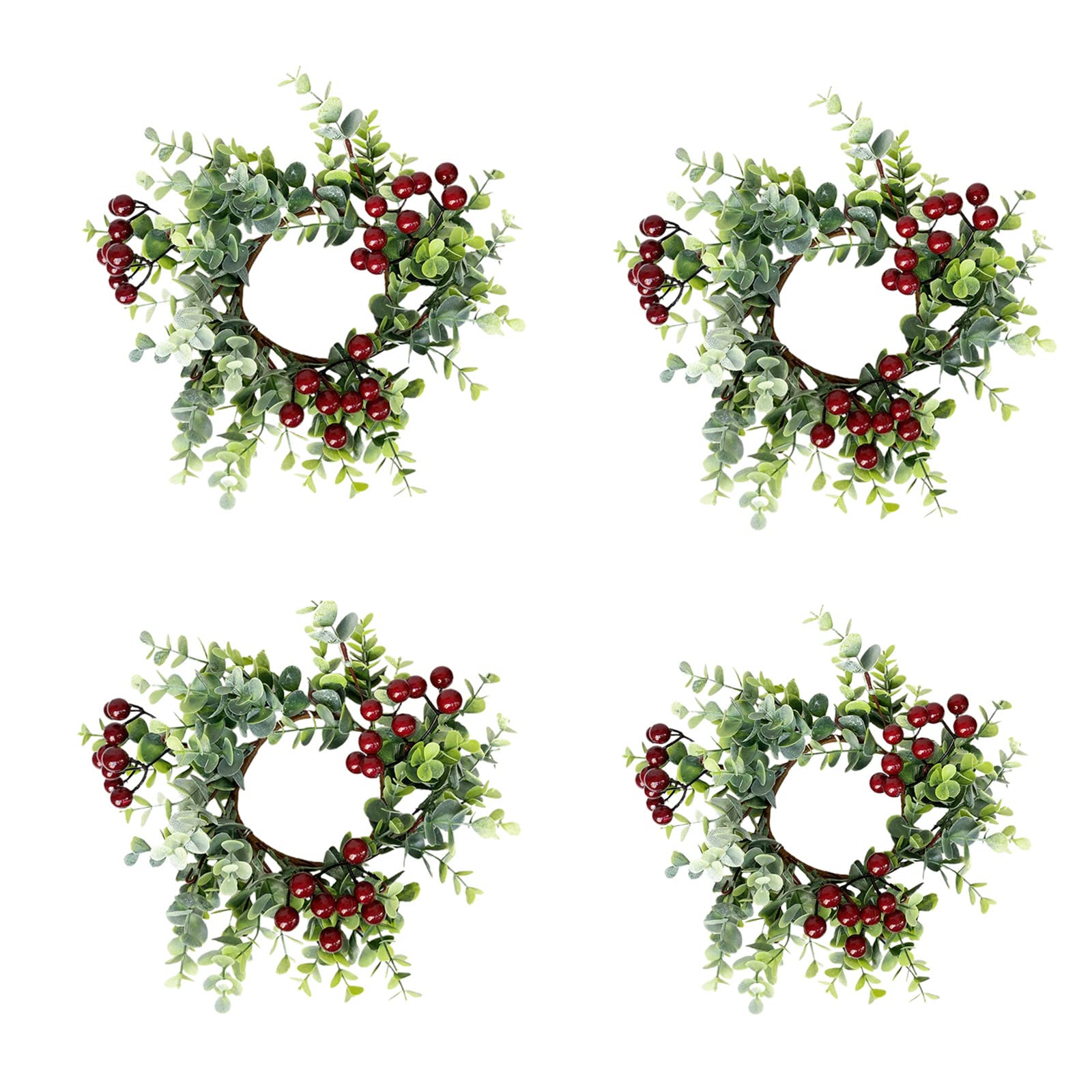 Teahutty Green,Red 4Pcs Christmas Candle Ring Artificial Berry Rings, Eucalyptus Leaves Mini Wreath For Pillar Xmas Holiday Decor Rustic Wedding Table Centerpiece, Green A, 9.8 Inch/ 25 Cm