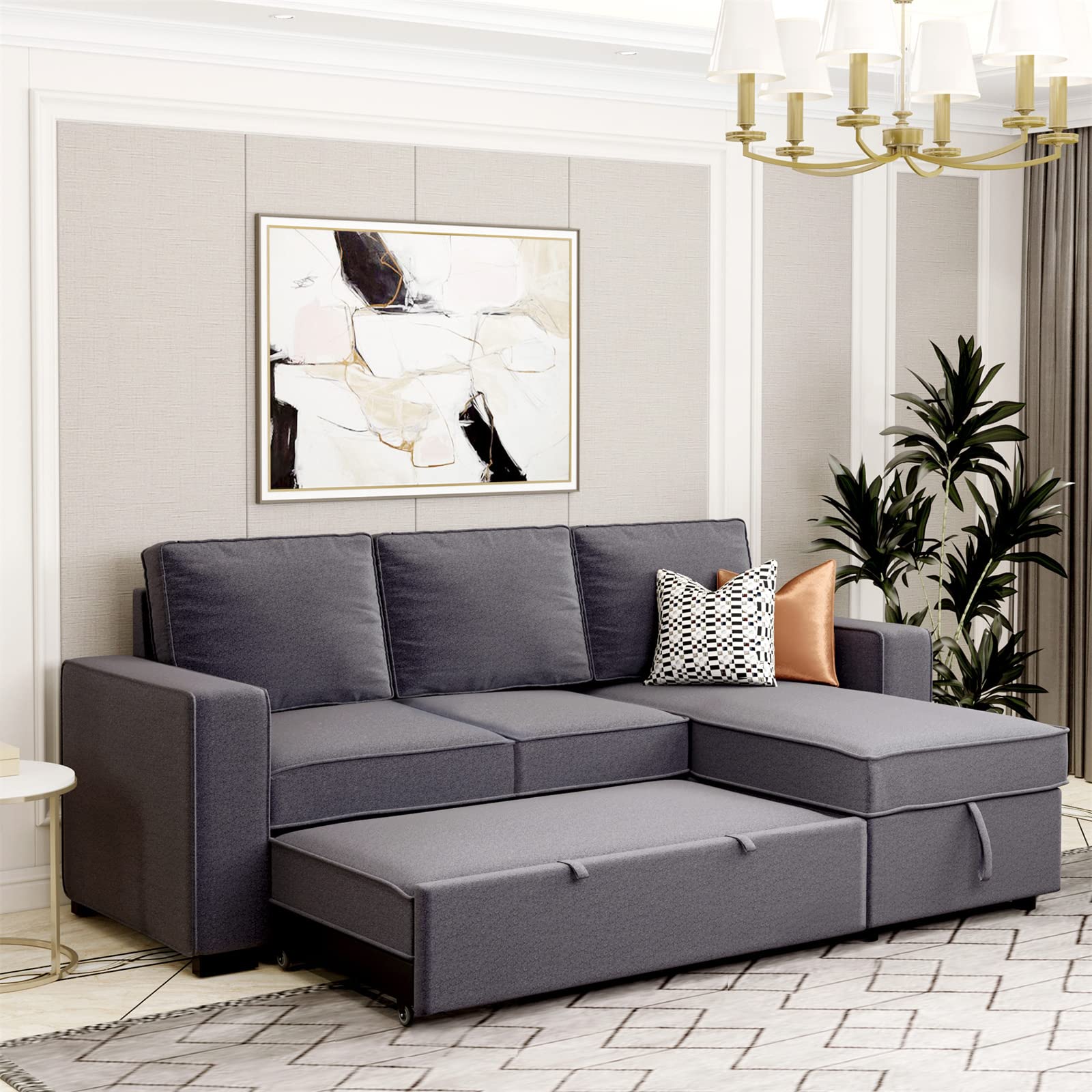 Sectional Sofa with Chaise,91" Reversible Pull Out Sleeper Sectional Storage Sofa Bed,Corner Sofa-Bed with Storage Chaise Left/Right Handed Chaise for Living Room,Gray