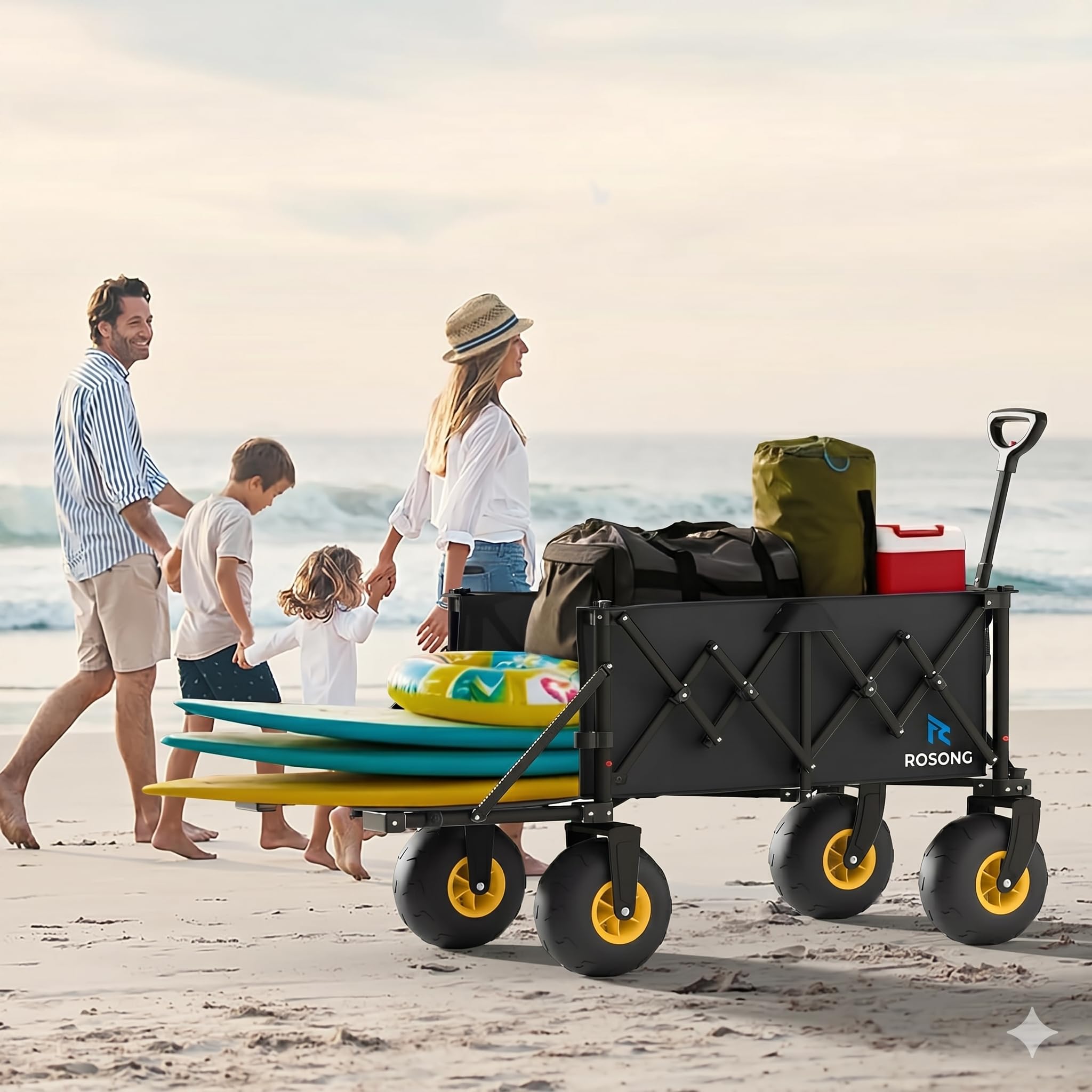 ROSONG Chariot de Plage Pliable avec Grosses Roues Chariot de Transport Tout-Terrain avec Hayon pour Objets Longs Remorque Jardin et Plage Camping Jardin, Noir